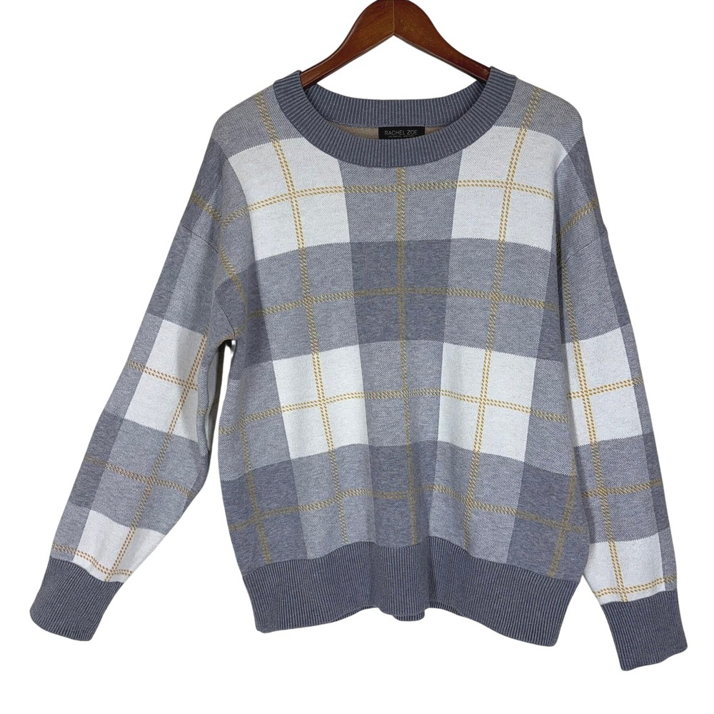Rachel Zoe Women Sweater XL Gray Plaid Crewneck Long Sleeve Knit Pullover